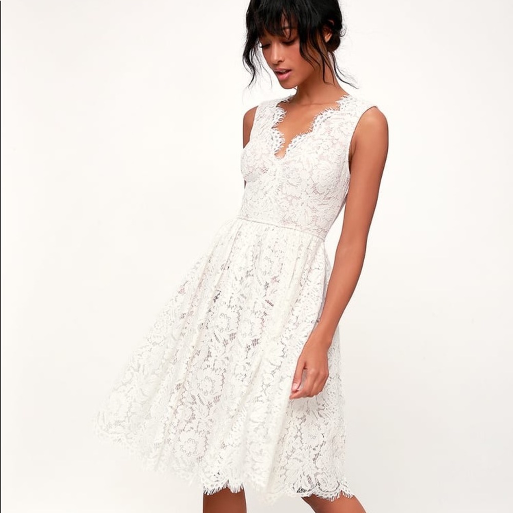 Lulus Love Swept White Lace Midi Skater white Dress M